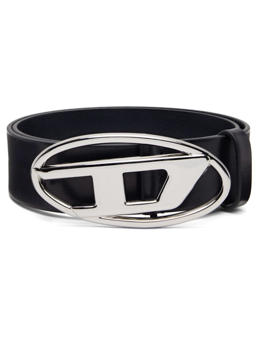 Diesel Black Leather Belt with Silver Oval Logo Buckle